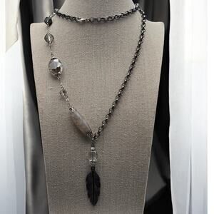 Agate Crystal Feather Pendant Long Necklace Asymmetrical Chain -  Eclectic Boho